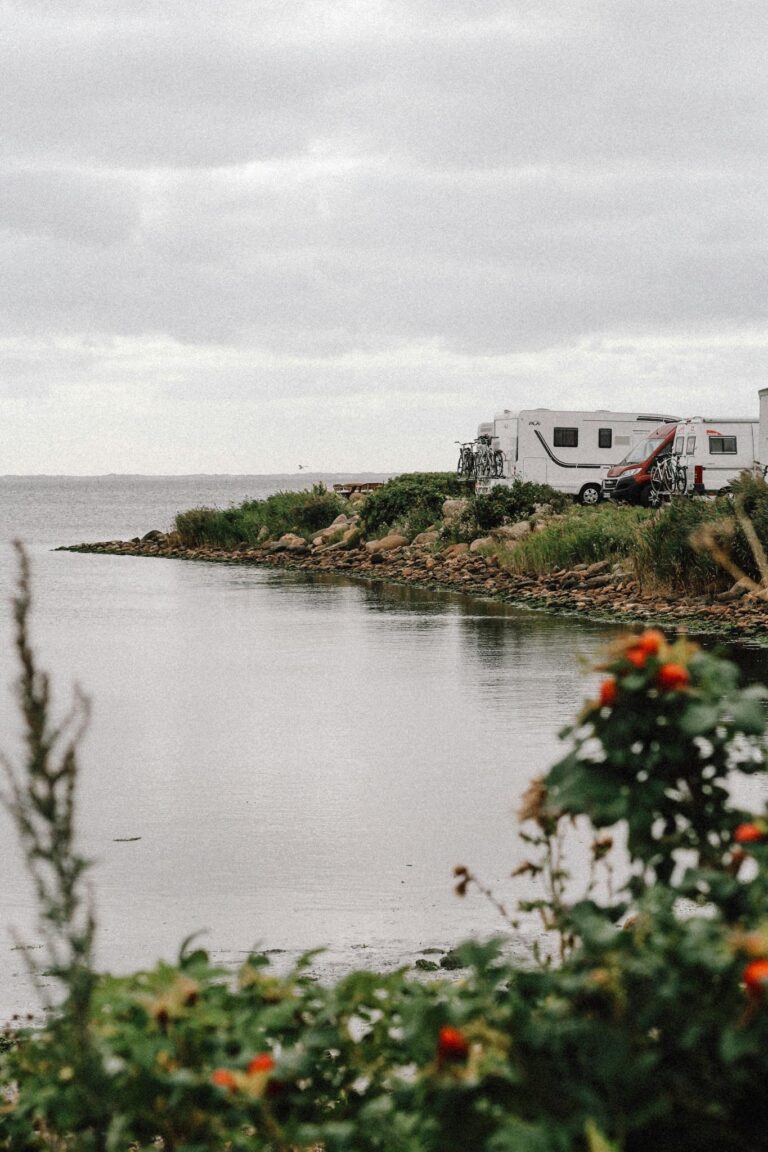 A peaceful camper van site by Dänemark's rocky coastline, ideal for a serene getaway.